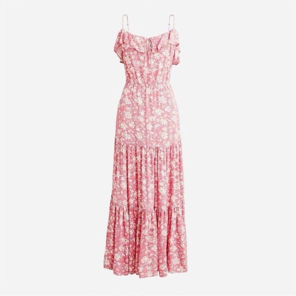 J. Crew Dark Flamingo Tossed Floral Tiered Maxi Dress Size Medium